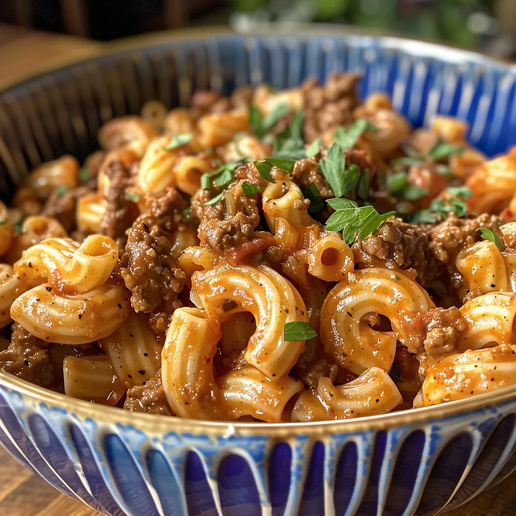 Juicy Beefaroni in a bowl, featuring elbow macaroni and ground beef.