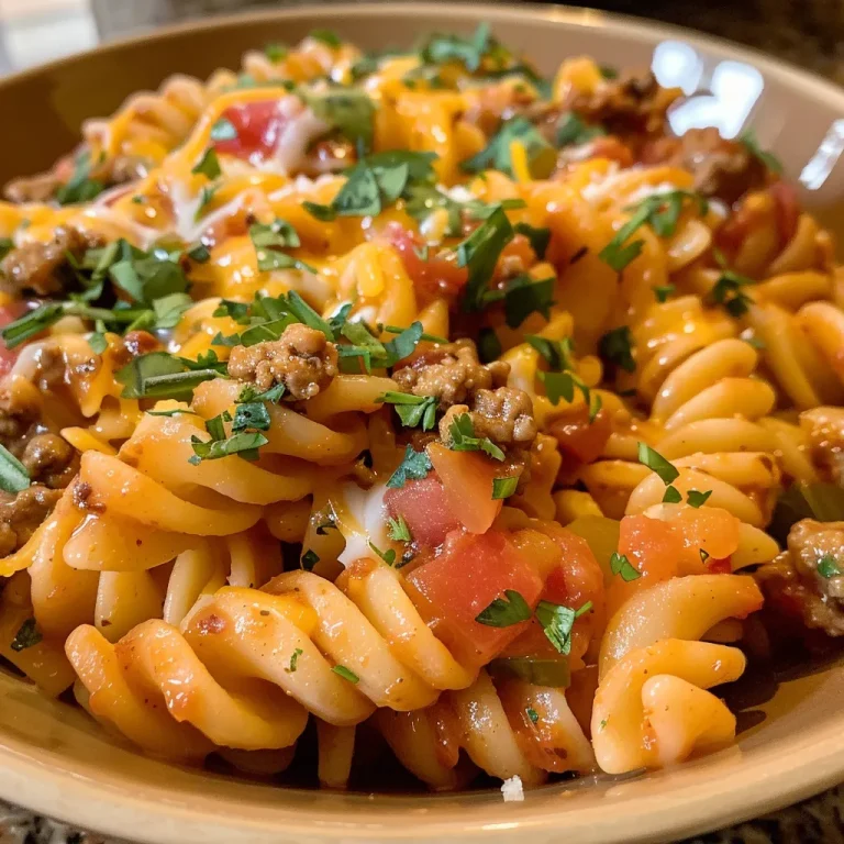 Close-up of cheesy beef taco pasta in a bowl, showcasing its creamy texture and colorful ingredients.