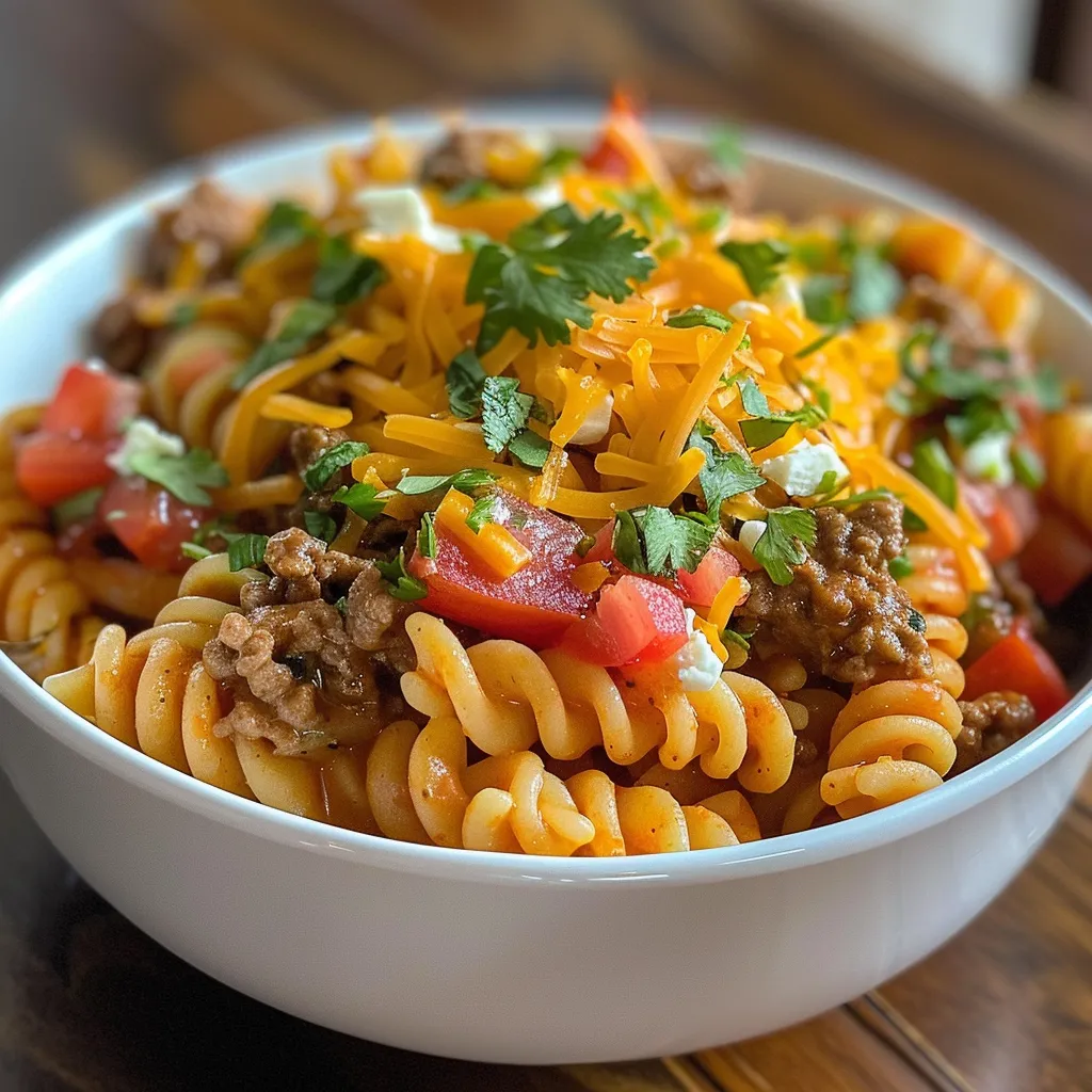 Side view of a serving of cheesy beef taco pasta, highlighting the melted cheese and diced tomatoes.