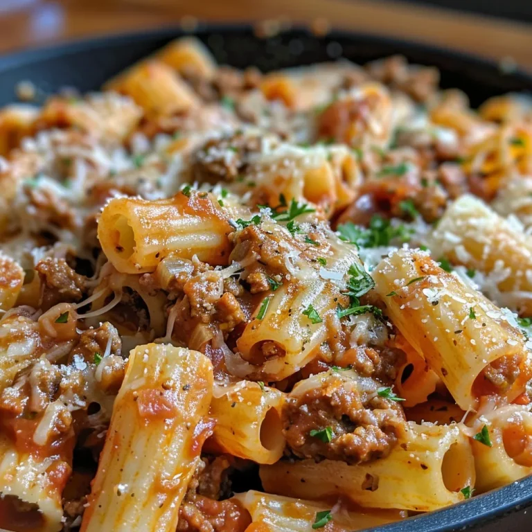 Close-up of a cheesy ground beef pasta dish with rigatoni and melted cheese.