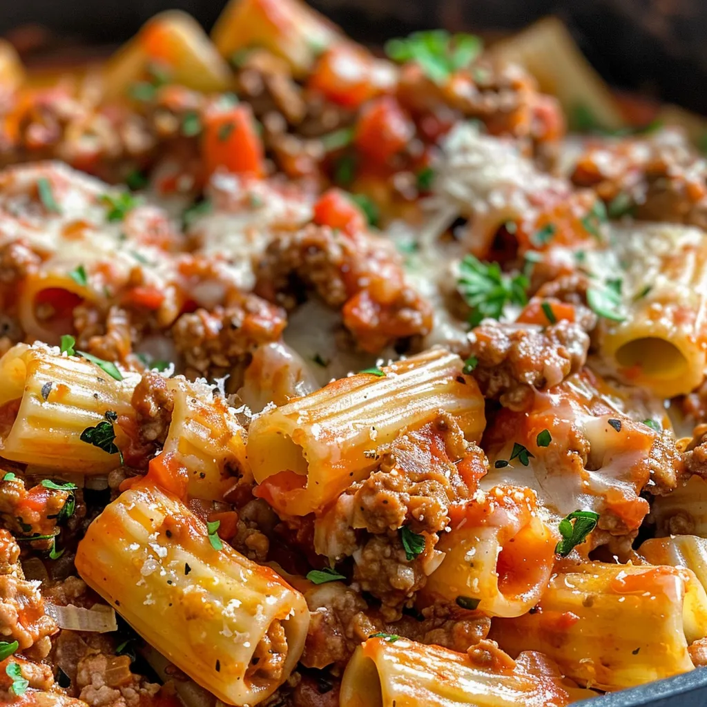 Juicy, creamy pasta topped with ground beef and garnished with parsley.