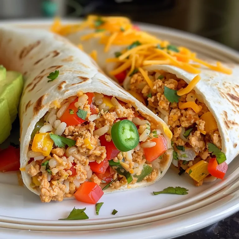 Close-up of a cheesy ground chicken and rice burrito, showcasing melted cheese and vibrant ingredients.