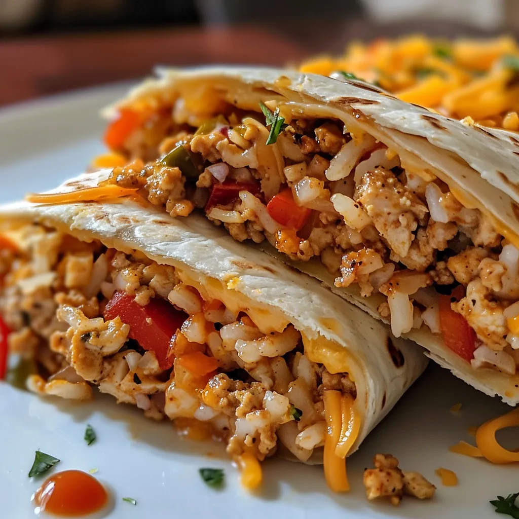 Side view of a burrito filled with ground chicken, rice, and colorful vegetables, topped with cheese.
