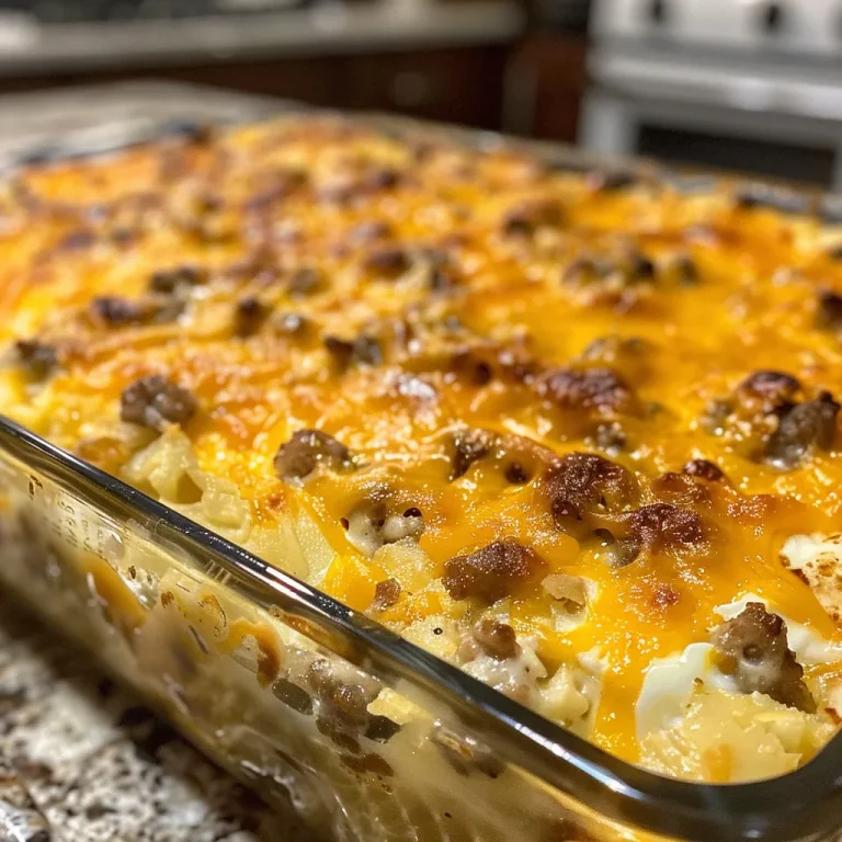 Close-up of a cheesy ground sausage breakfast casserole with a golden crust.
