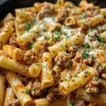 Close-up of creamy cheesy ground turkey pasta with herbs on top.