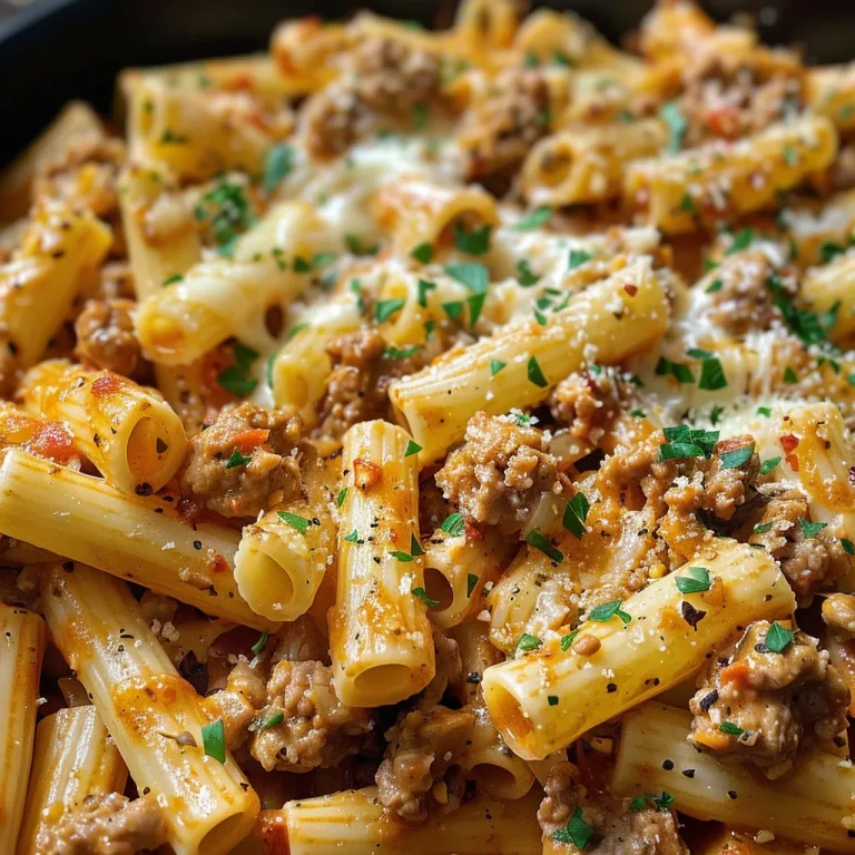 Close-up of creamy cheesy ground turkey pasta with herbs on top.