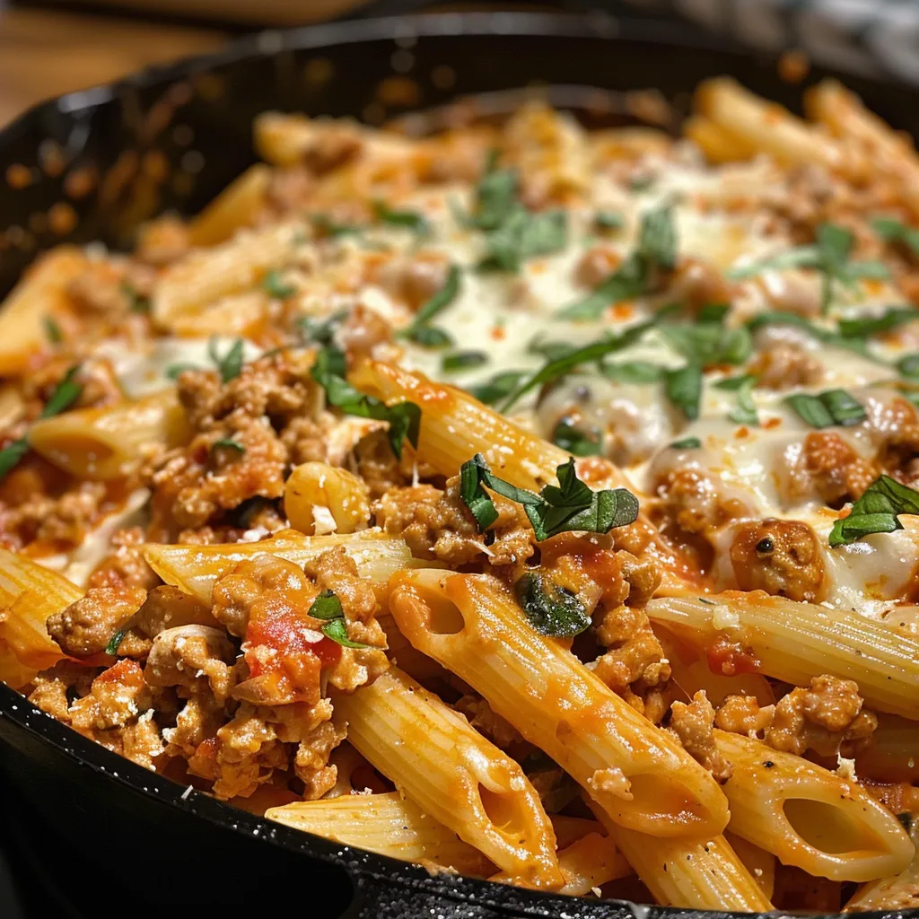 Side view of a bowl filled with cheesy ground turkey pasta and grated cheese.