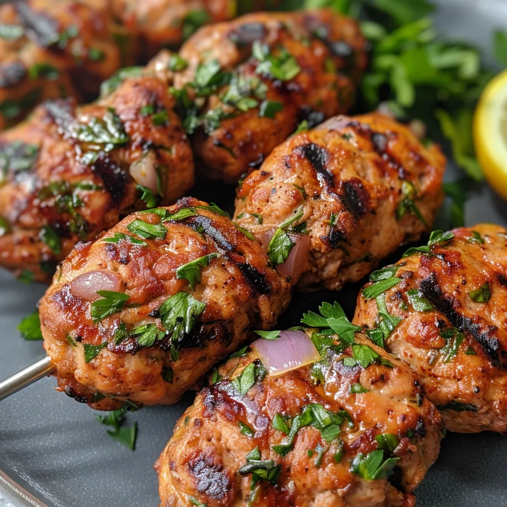 Close-up of grilled chicken kofta garnished with herbs, accompanied by creamy garlic yogurt sauce.