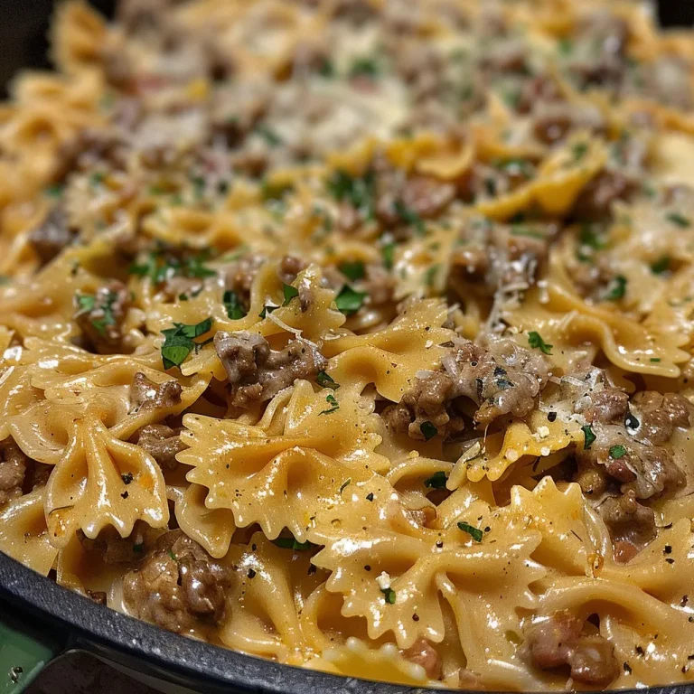 Close-up of creamy beef and bowtie pasta in a bowl with a garnish.