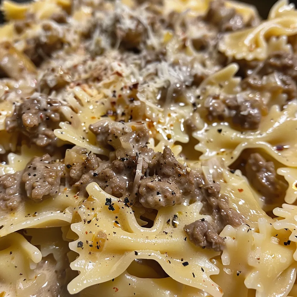 Side view of a serving of bowtie pasta with ground beef and creamy sauce.