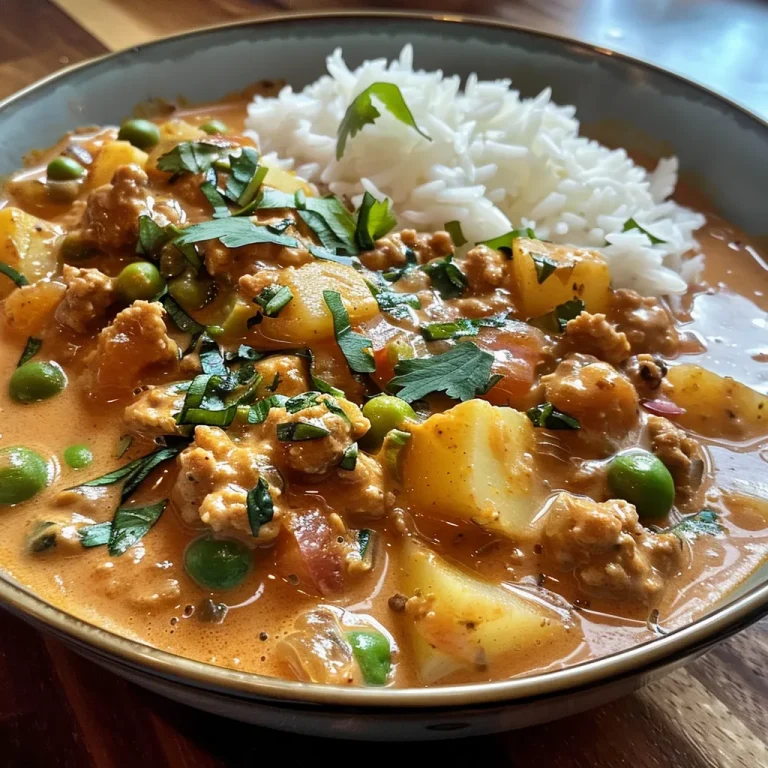 A Heartwarming Bowl of Creamy Coconut Ground Turkey Potato Curry to Brighten Your Day Close-up view of creamy coconut ground turkey potato curry with vibrant colors and fresh ingredients.