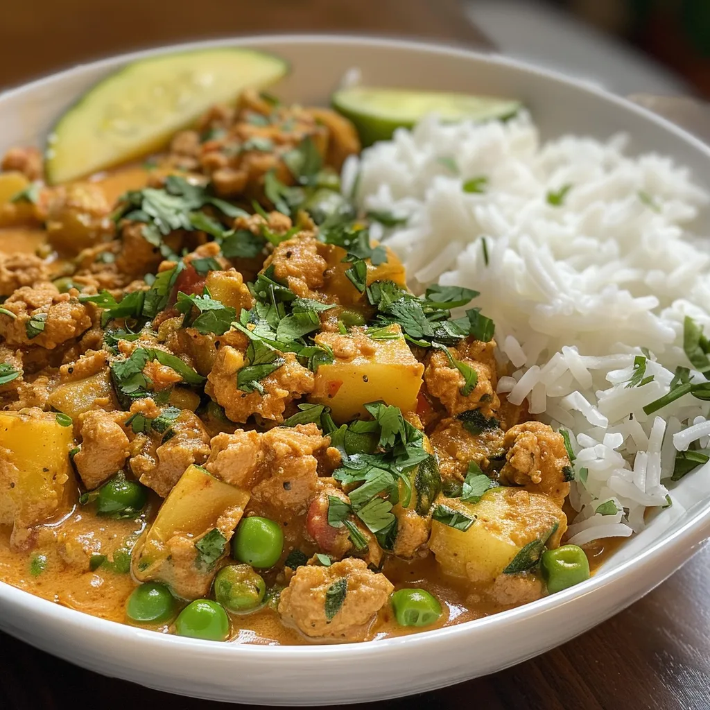Juicy ground turkey curry featuring potatoes, peas, and zucchini in a creamy coconut sauce.