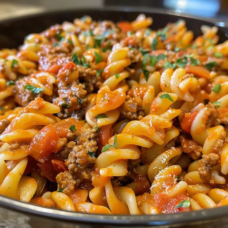 A close-up view of creamy ground beef pasta served in a bowl, showcasing its rich texture and ingredients.