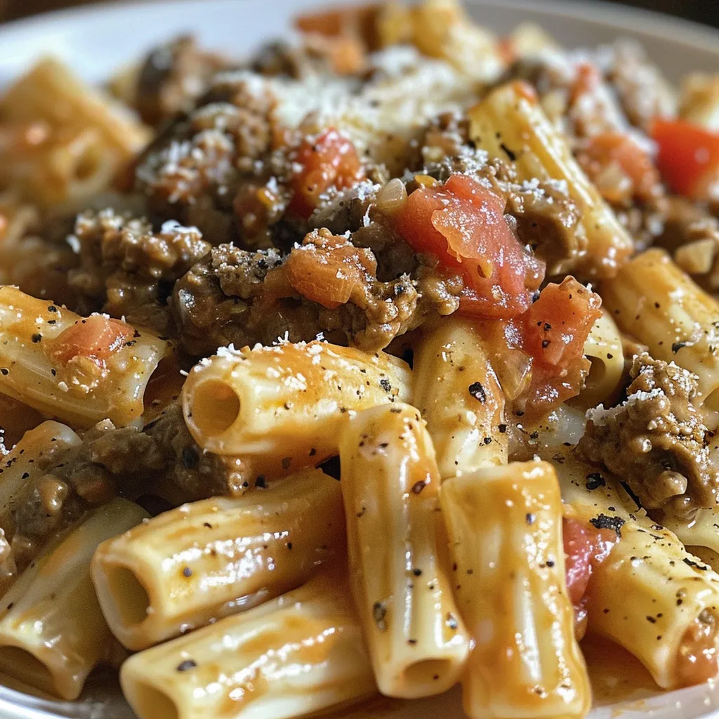 Side perspective of a dish featuring creamy ground beef pasta, highlighting the pasta and minced beef.