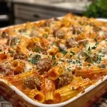 Close-up side view of a creamy Italian sausage casserole with melted cheese on top.