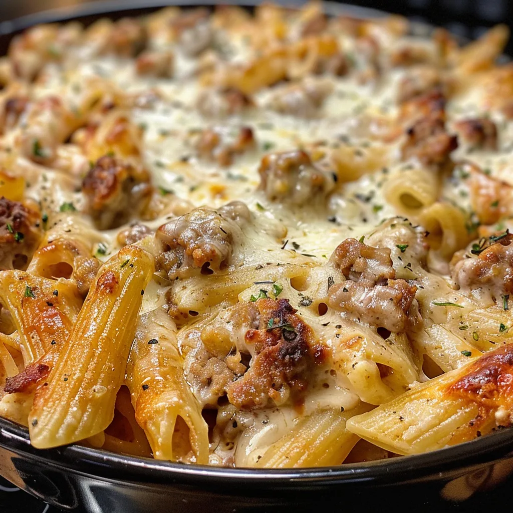 A delicious freshly baked creamy Italian sausage casserole displaying layers of pasta and sausage.