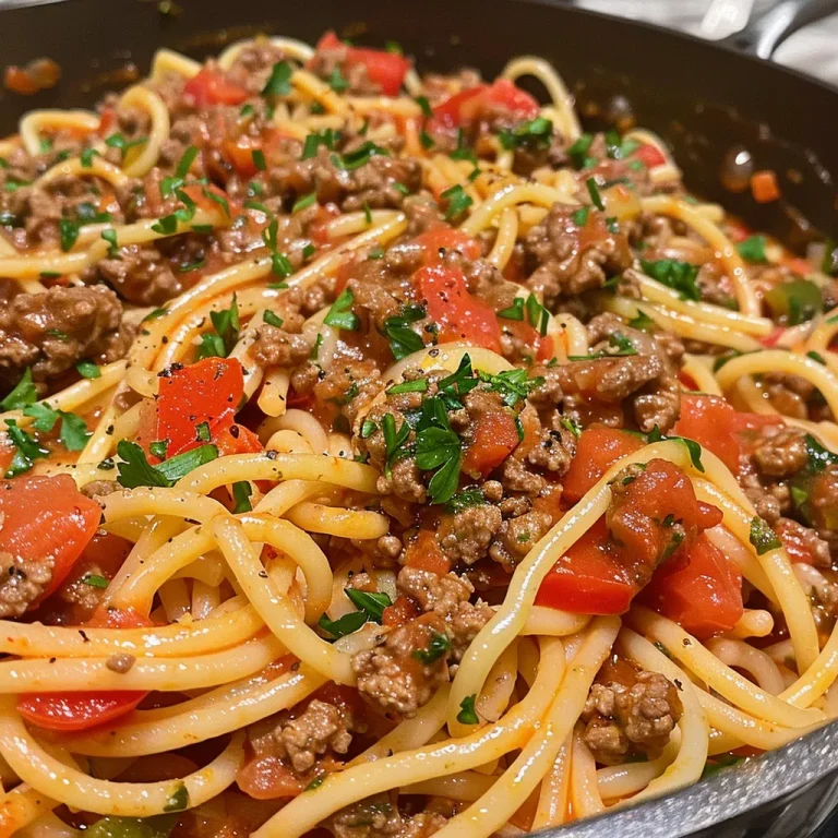 A close-up view of a creamy spaghetti dish with ground beef and colorful vegetables.