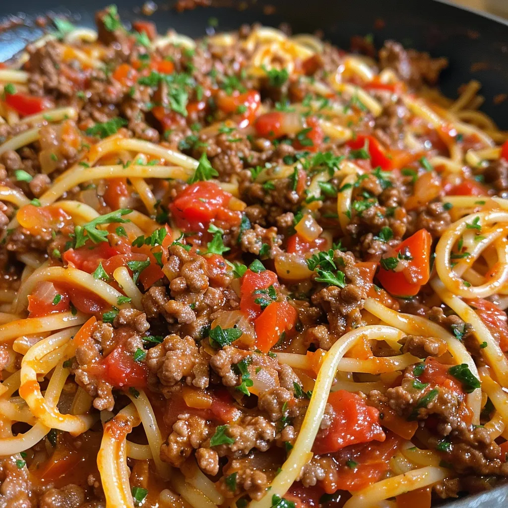 A side perspective of a hearty one pot meal featuring spaghetti and ground beef in a creamy sauce.