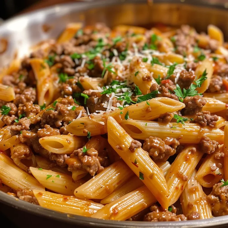 A close-up view of creamy beef pasta served in a bowl, showcasing a mix of penne, ground beef, and parsley.