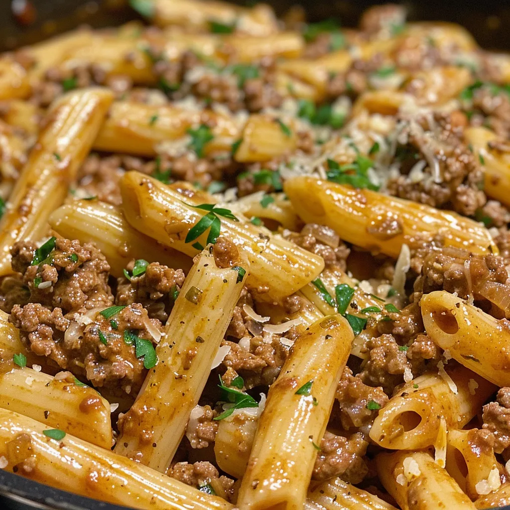 Side view of a delicious one-pot beef pasta dish, highlighting the creamy sauce and sprinkled red pepper flakes.