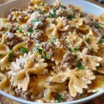Close-up view of creamy Parmesan garlic beef bowtie pasta on a plate.