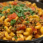 A close-up side view of creamy Rotel pasta with ground beef, garnished with fresh cilantro.