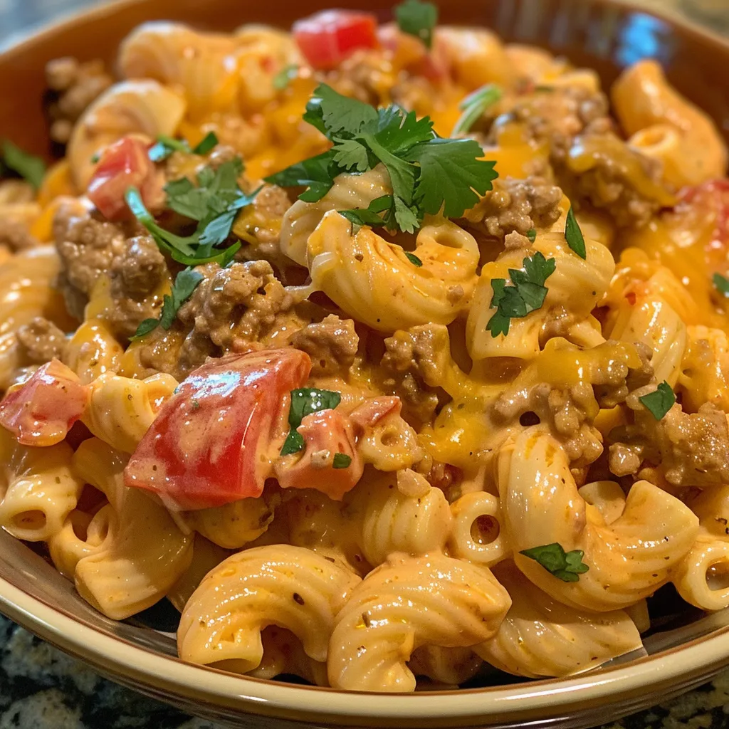 Juicy, creamy Rotel pasta dish featuring ground beef and melted cheddar cheese.