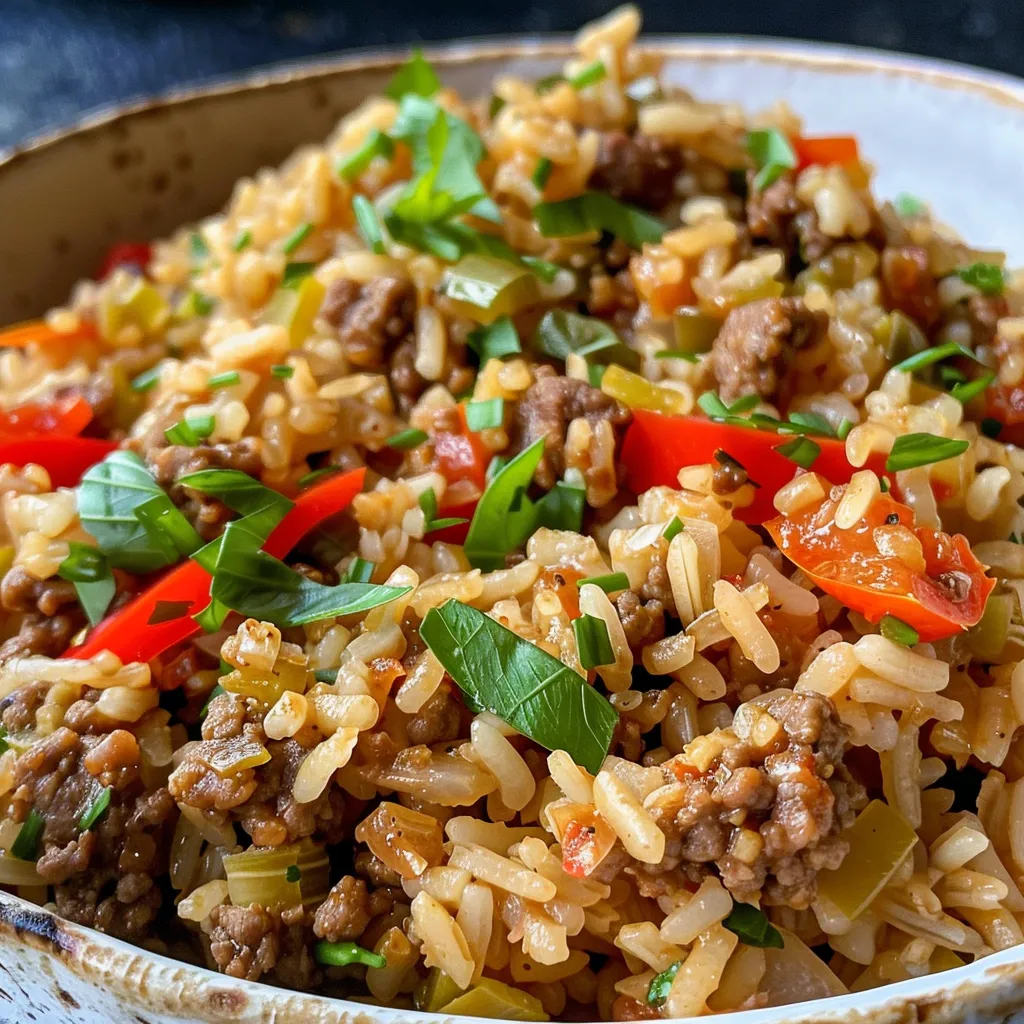 Side view of a plate featuring juicy Dirty Rice with ground beef and colorful diced bell peppers.
