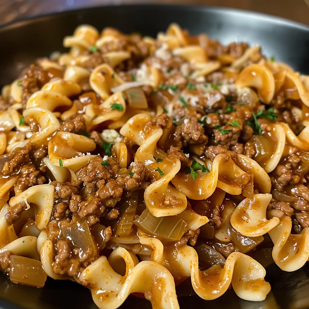 A hearty bowl of beef and noodles, highlighting the tender meat and savory sauce.
