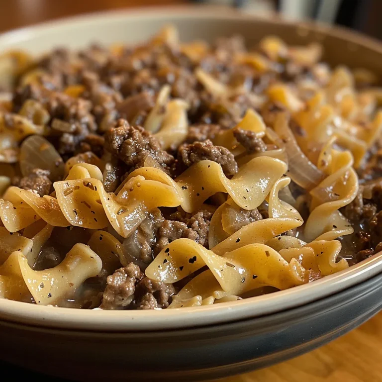 Close-up of a steaming bowl of Easy Beef and Noodles, showcasing juicy beef and egg noodles.