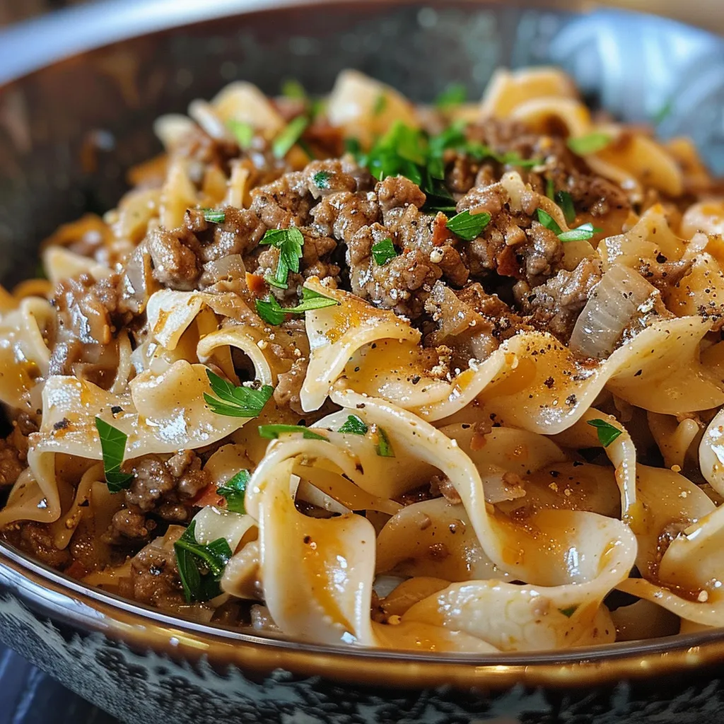 Side view of a hearty dish featuring Easy Beef and Noodles, with visible chunks of ground beef and garnished herbs.