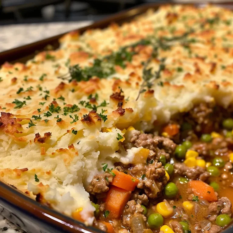 A Cozy Twist on Shepherd’s Pie That Feels Like Home Juicy ground turkey shepherd's pie topped with mashed sweet potatoes and garnished with parsley.