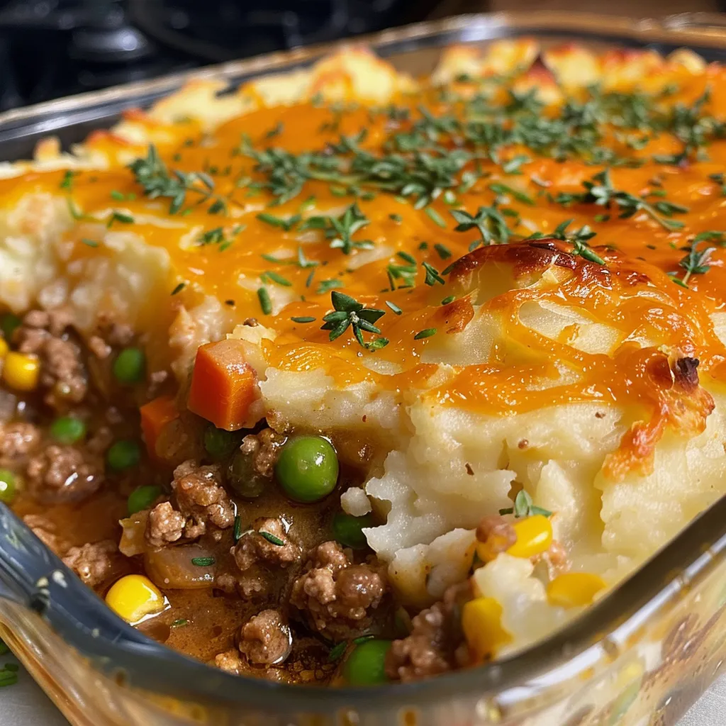 Close-up view of a hearty shepherd's pie with ground turkey, colorful vegetables, and a golden cheese crust.