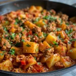 Close-up of a savory ground turkey and potato dish in a bowl.