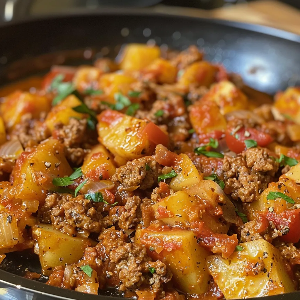 Juicy ground turkey with diced potatoes and herbs in a colorful plate.