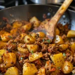Close-up of juicy ground turkey mixed with diced potatoes in a skillet.