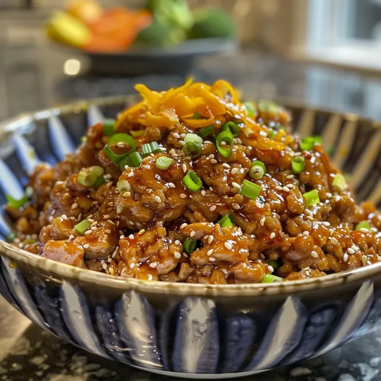 A close-up view of a plate of orange ground chicken garnished with green onions and sesame seeds.