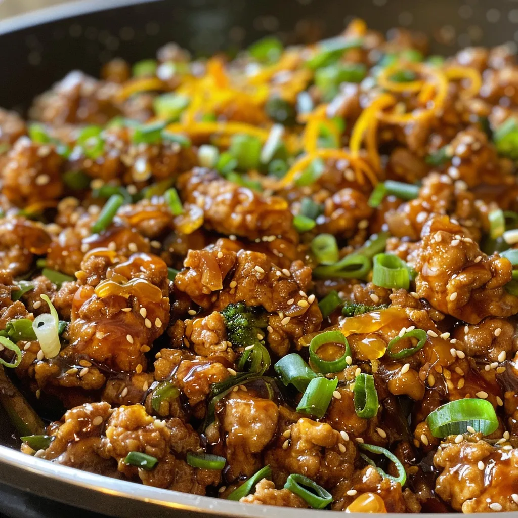Side view of a bowl filled with juicy orange ground chicken and colorful vegetables.
