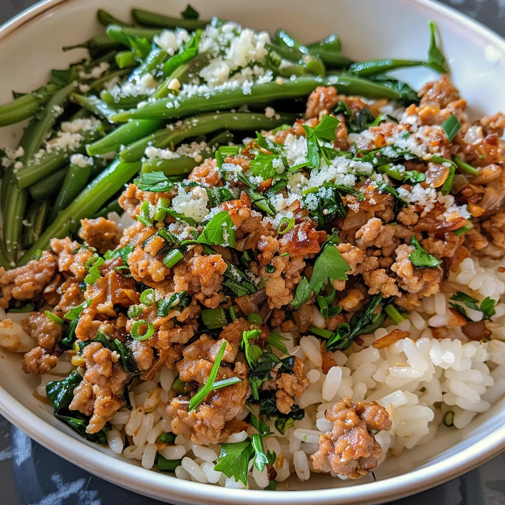 Side view of a delicious rice bowl featuring ground turkey, garlic butter, and spinach.