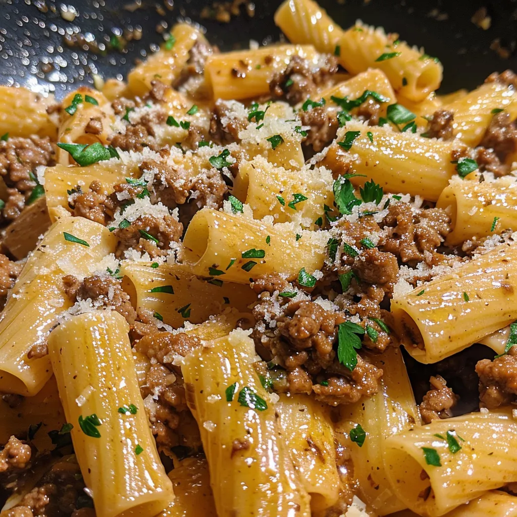 Juicy Garlic Butter Pasta with ground beef, showcasing a creamy texture and minced garlic.