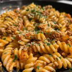 Close-up view of creamy ground turkey pasta garnished with herbs.