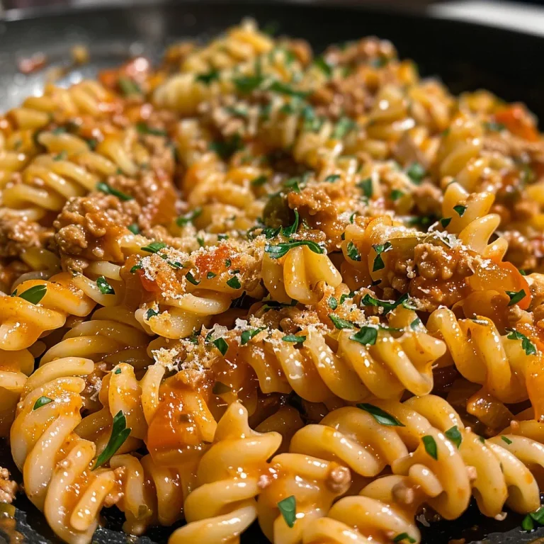 Close-up view of creamy ground turkey pasta garnished with herbs.