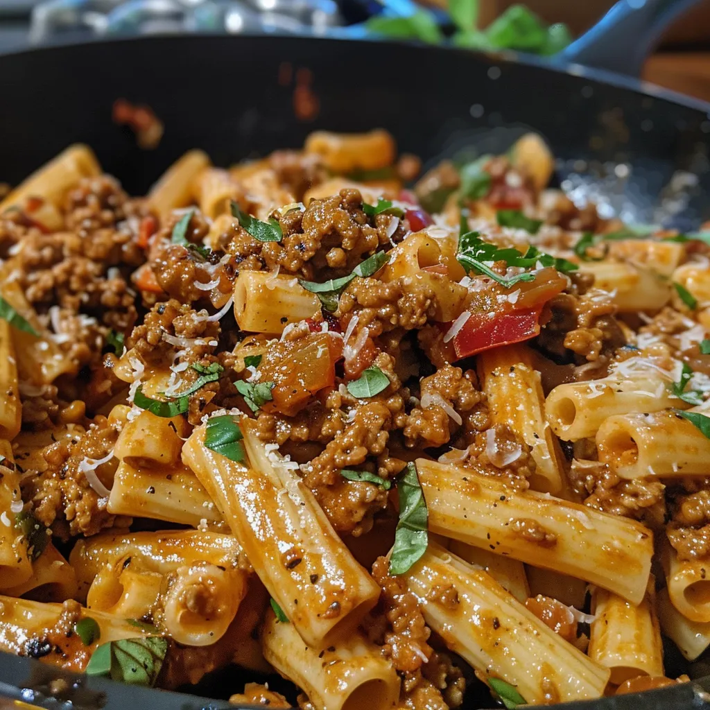 Juicy ground turkey pasta dish presented in a bowl with a creamy sauce.