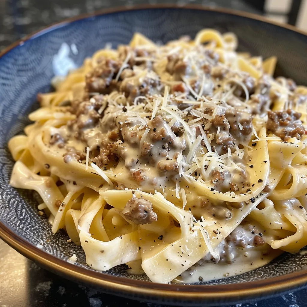Side view of Ground Beef Alfredo featuring ground beef, linguine, and a rich white sauce.