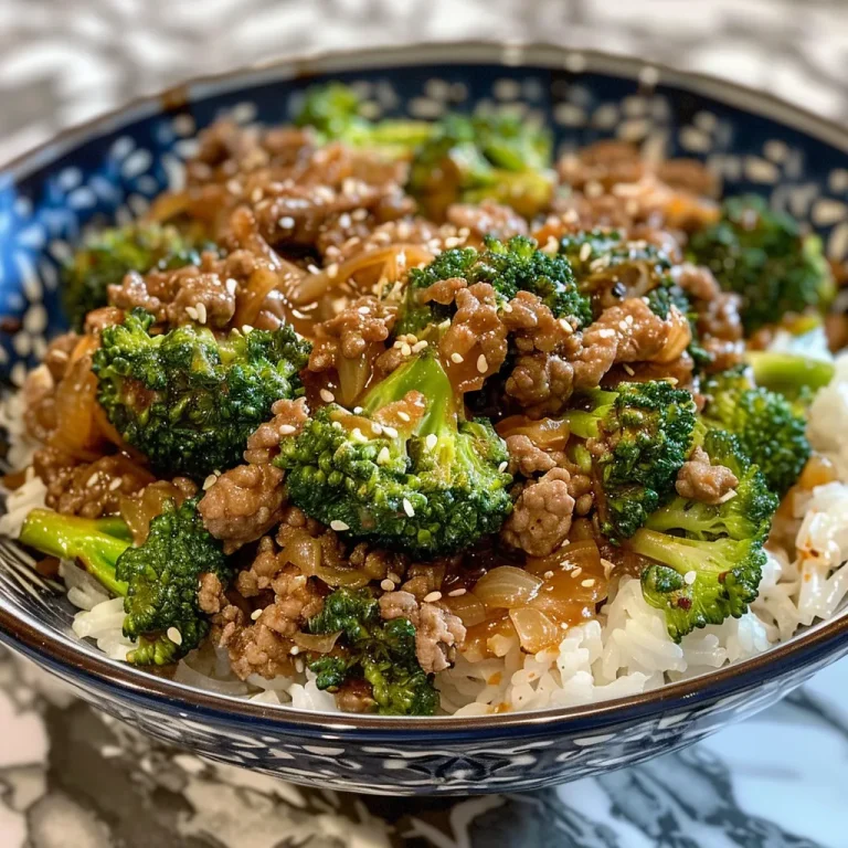 Close-up view of a dish featuring ground beef and broccoli, with visible grains of brown sugar and sesame oil glistening.