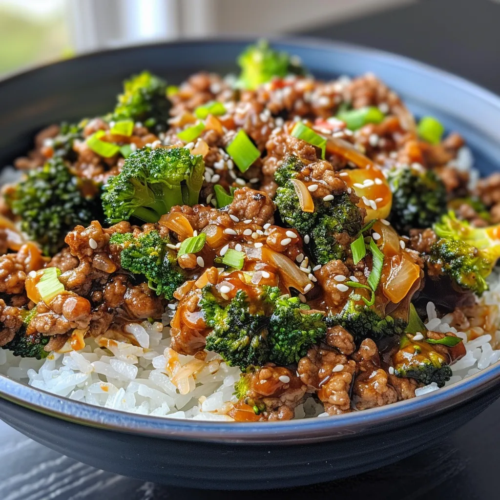 Side view of a juicy ground beef and broccoli dish, showcasing chopped onions and a sprinkle of red pepper flakes.