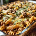 A close-up of a delicious ground beef and pasta casserole in a baking dish.
