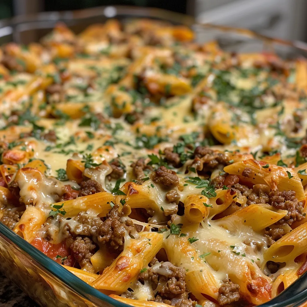 A side view of a juicy ground beef and pasta casserole topped with melted cheese.