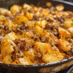 A close-up view of a savory ground beef and potato dish, showcasing juicy meat and diced potatoes.