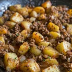 Close-up view of a skillet filled with ground beef and cubed potatoes, garnished with herbs.